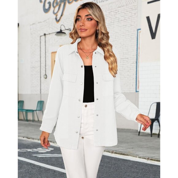 Women's Cotton Denim Jacket Oversized Button-Front Pockets Casual Fall - Picture 3 of 8